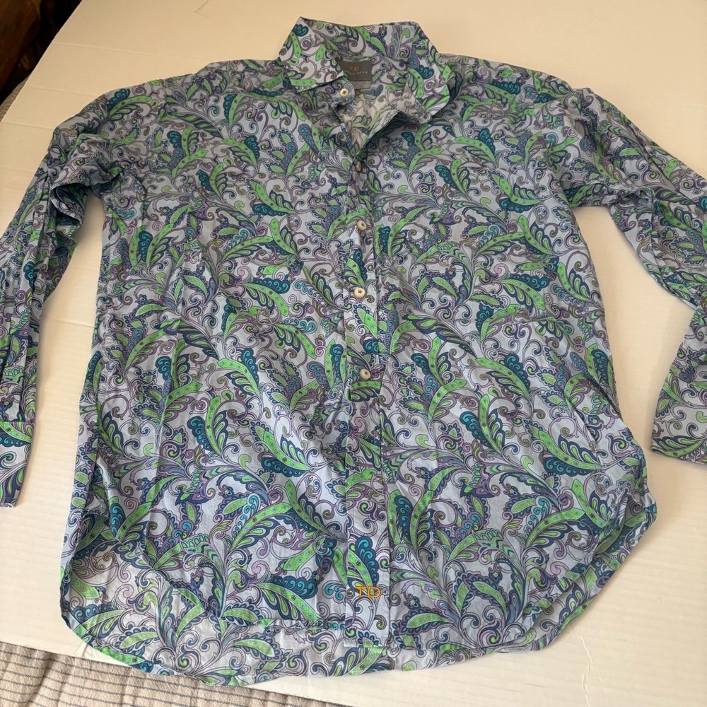 THOMAS DEAN Men’s Blue and Green Paisley Long Sleeve Shirt